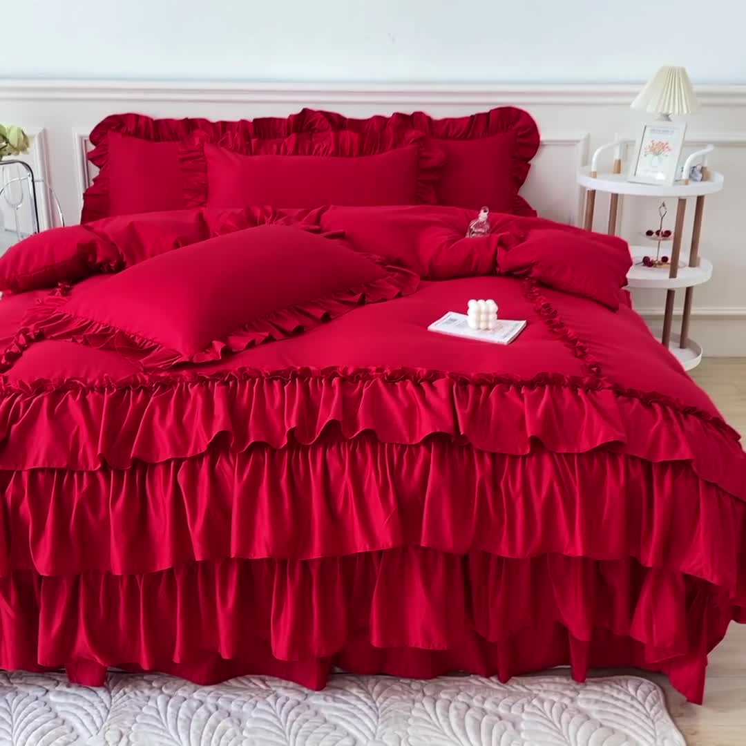 91家纺网 家纺一手货源 找家纺 乐卧家居 2026新款贝拉花边系列四件套 贝拉-玫瑰红