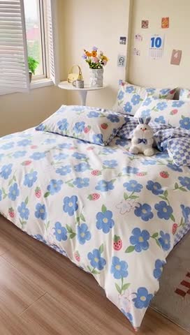 91家纺网 家纺一手货源 找家纺 西引力 2022新款全棉印花四件套 蓝色心情