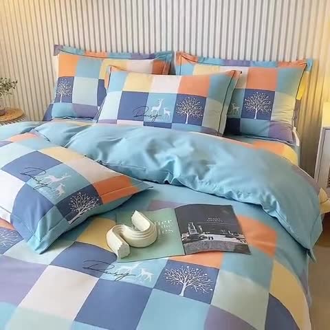 91家纺网 家纺一手货源 找家纺 杜先生 2023新款全棉加厚磨毛系列四件套鹿角小镇-蓝