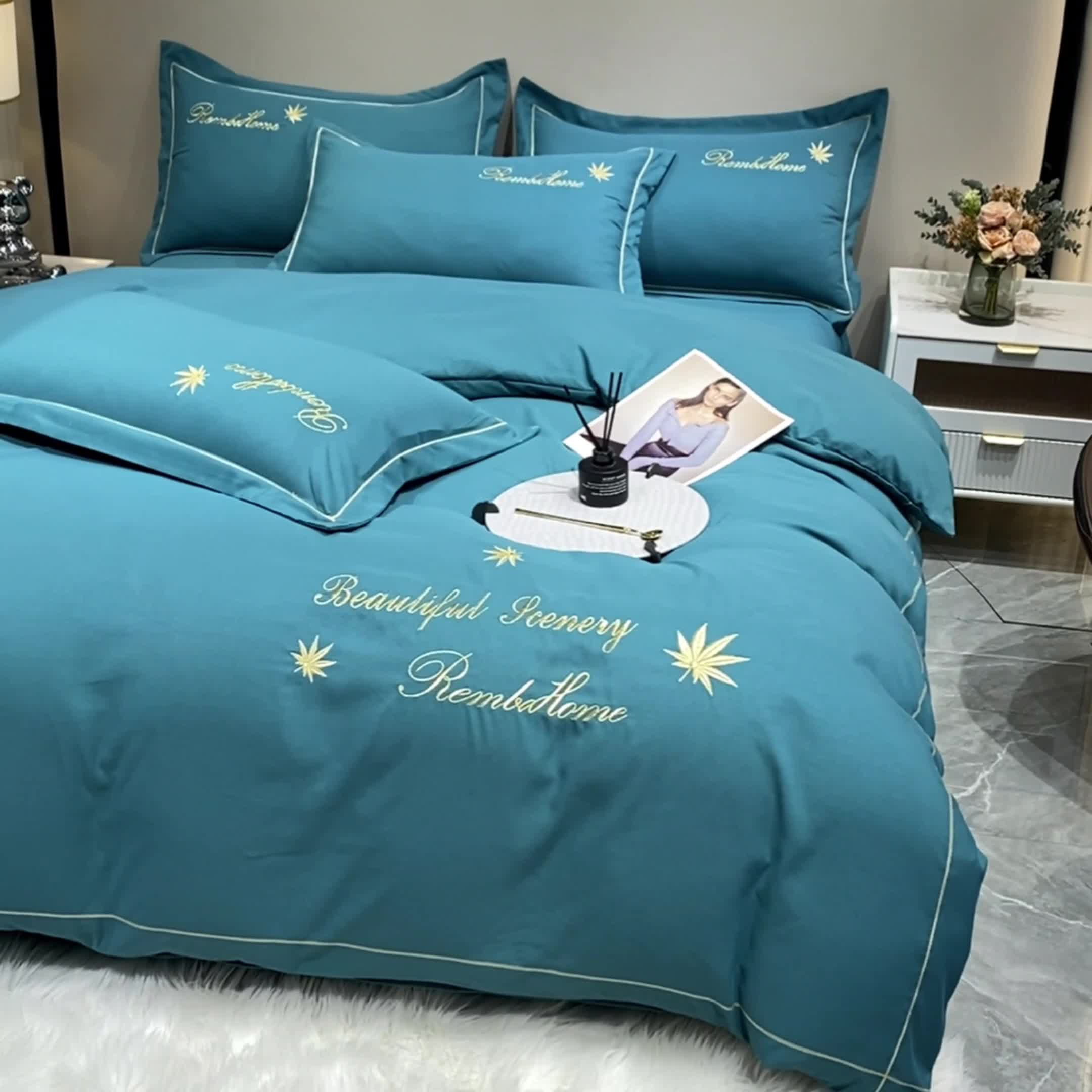 91家纺网 家纺一手货源 找家纺 靓生活2022新款磨毛刺绣四件套轻奢风 伯尔曼-冰川蓝