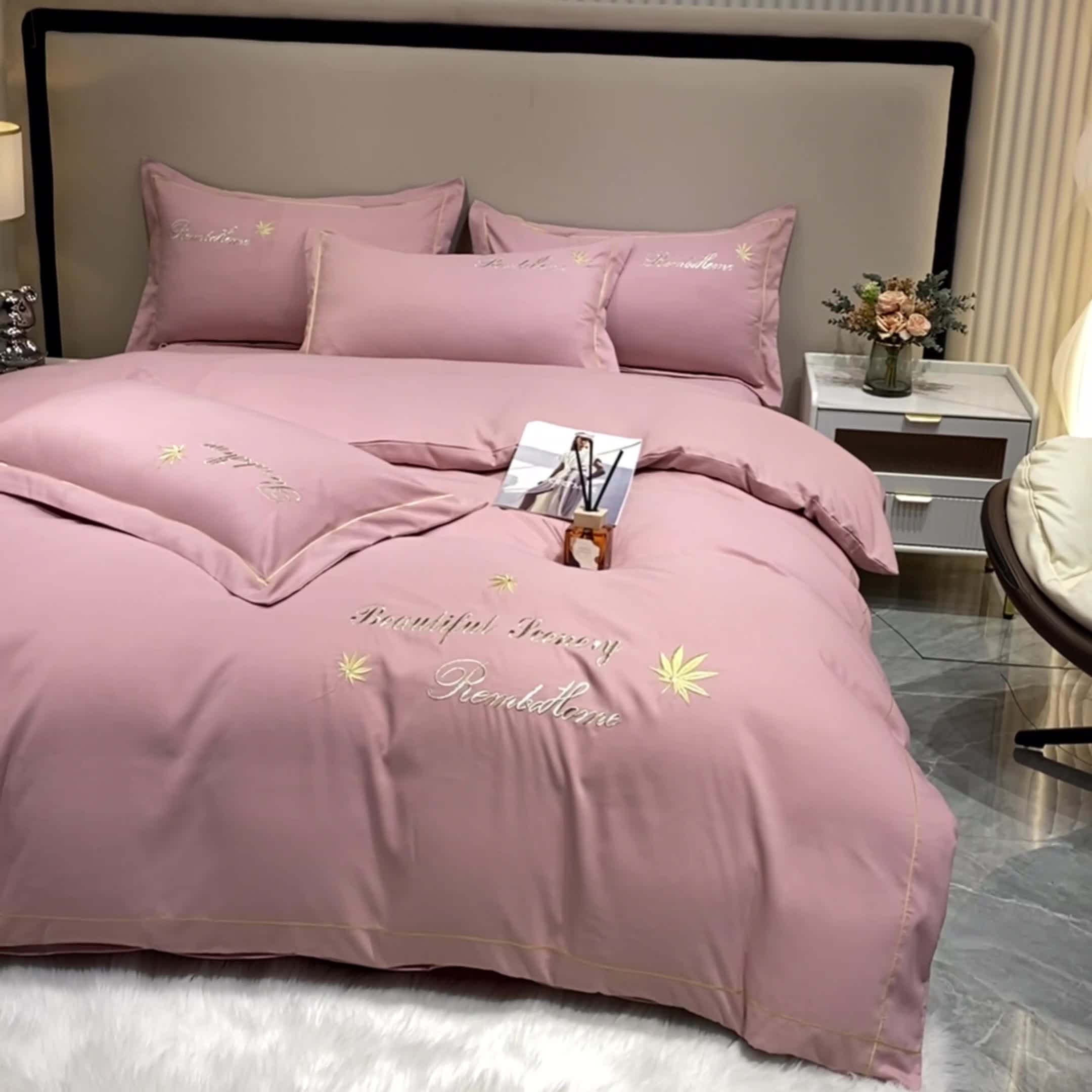 91家纺网 家纺一手货源 找家纺 靓生活2022新款磨毛刺绣四件套轻奢风 伯尔曼-贵妃粉