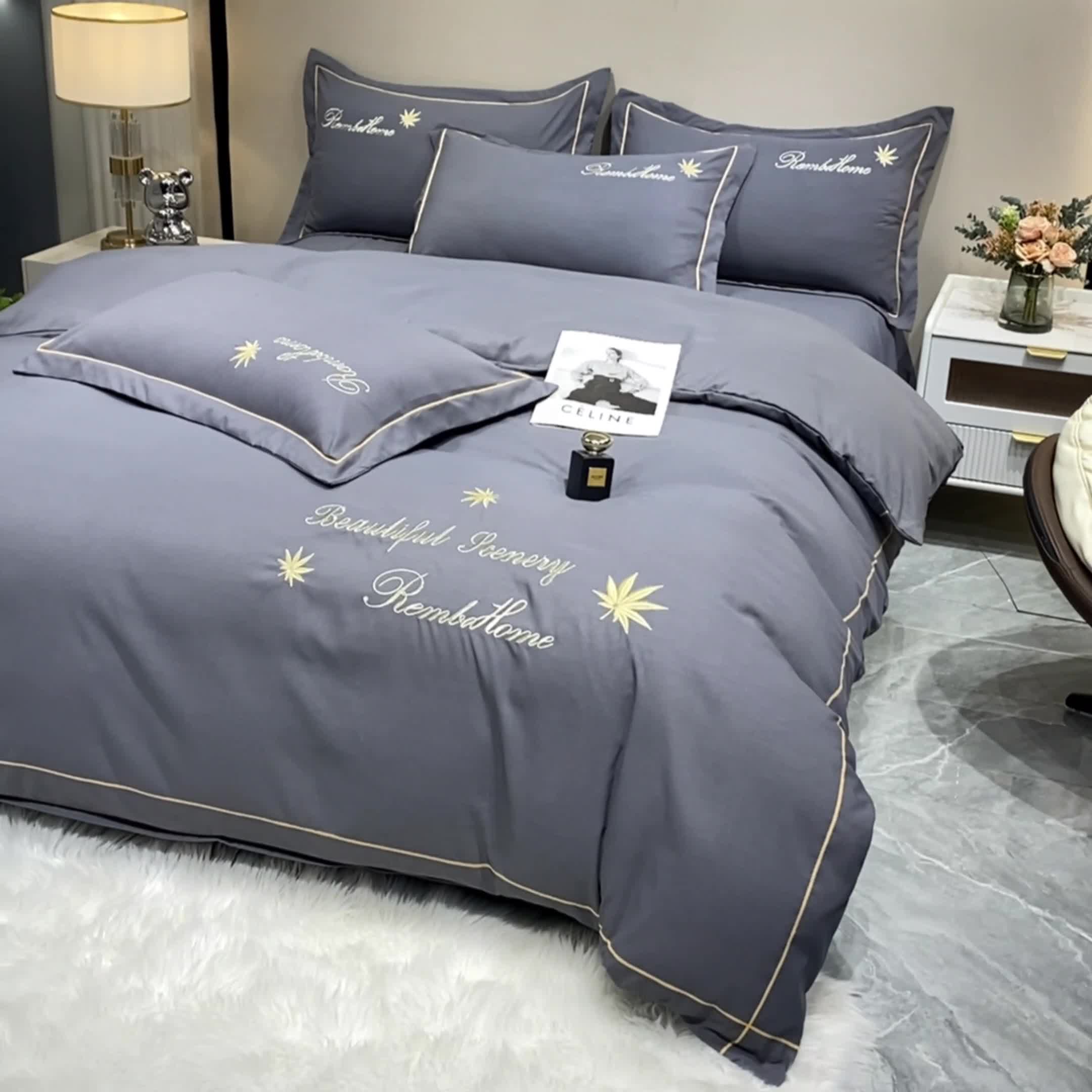 91家纺网 家纺一手货源 找家纺 靓生活2022新款磨毛刺绣四件套轻奢风 伯尔曼-爵士灰