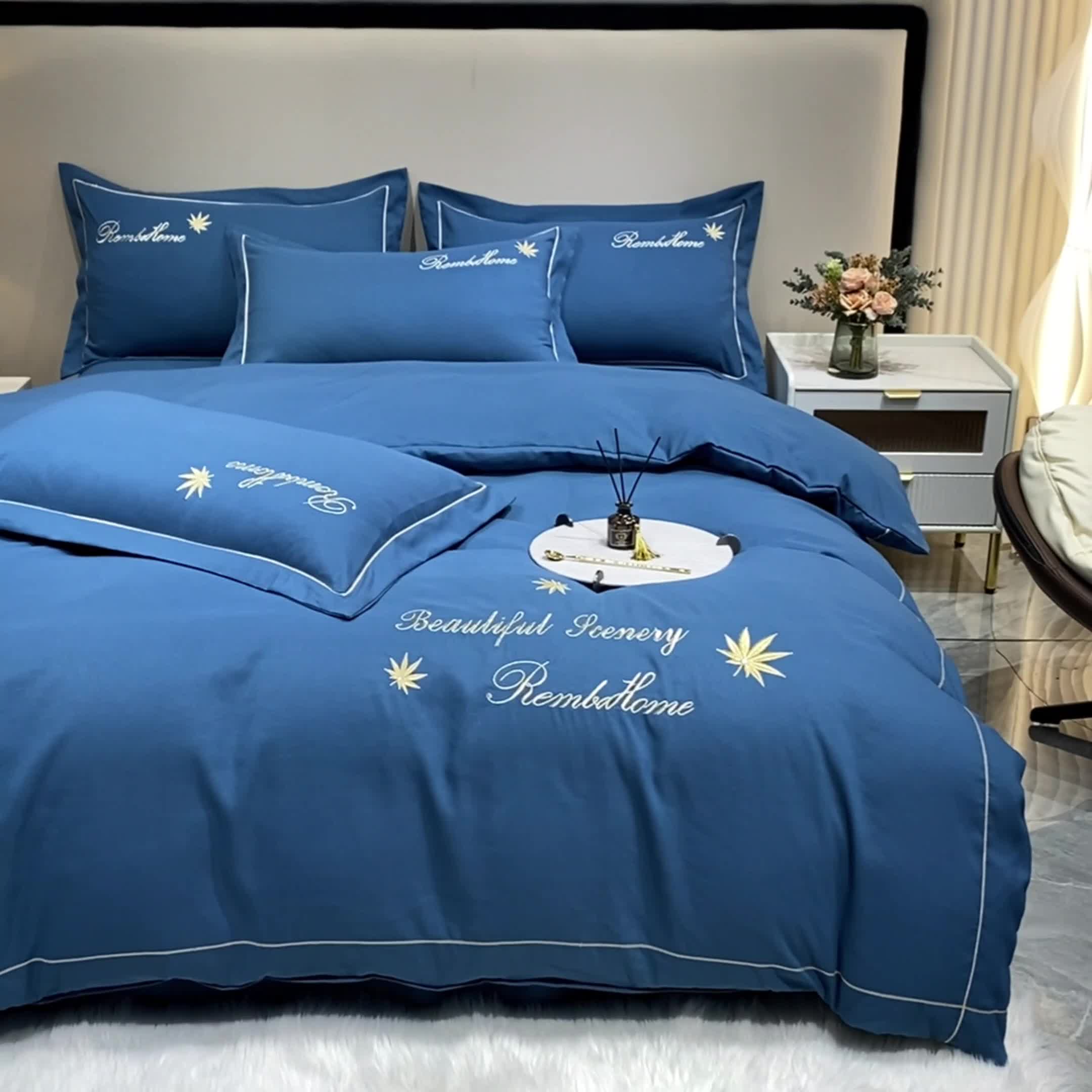 91家纺网 家纺一手货源 找家纺 靓生活2022新款磨毛刺绣四件套轻奢风 伯尔曼-琉璃蓝