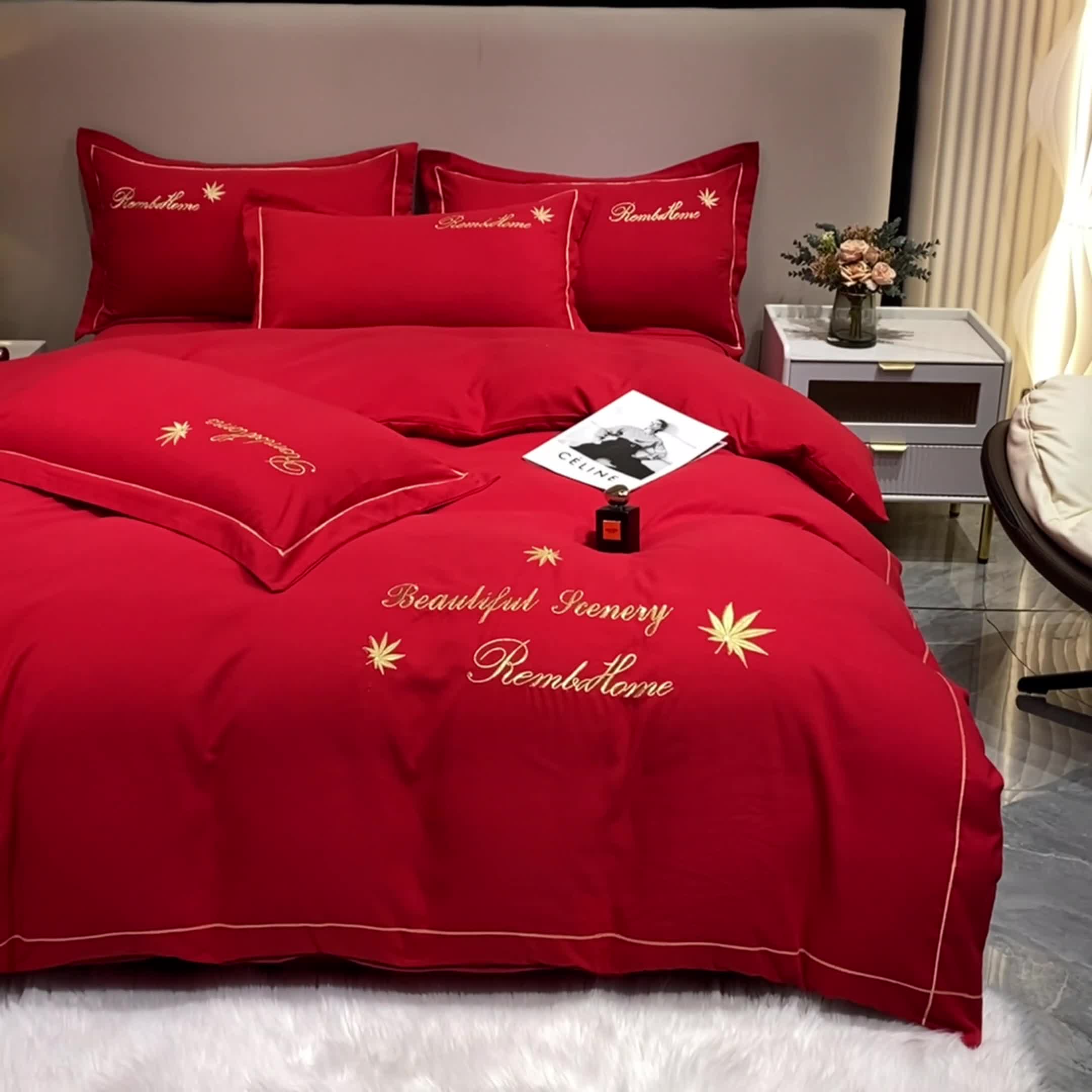 91家纺网 家纺一手货源 找家纺 靓生活2022新款磨毛刺绣四件套轻奢风 伯尔曼-千禧红