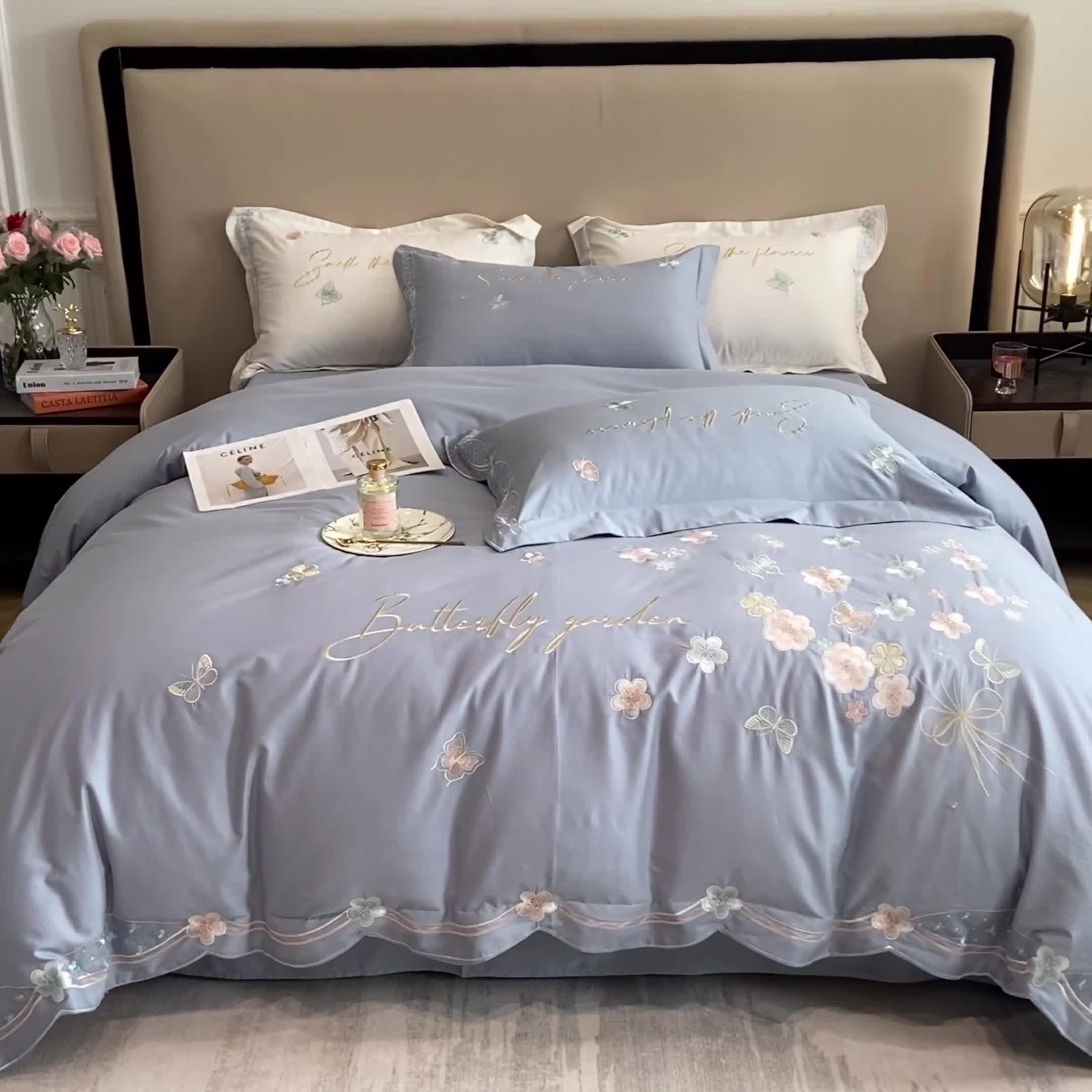 91家纺网 家纺一手货源 找家纺 理想家 2022新款13372全棉刺绣四件套-手捧花 蓝