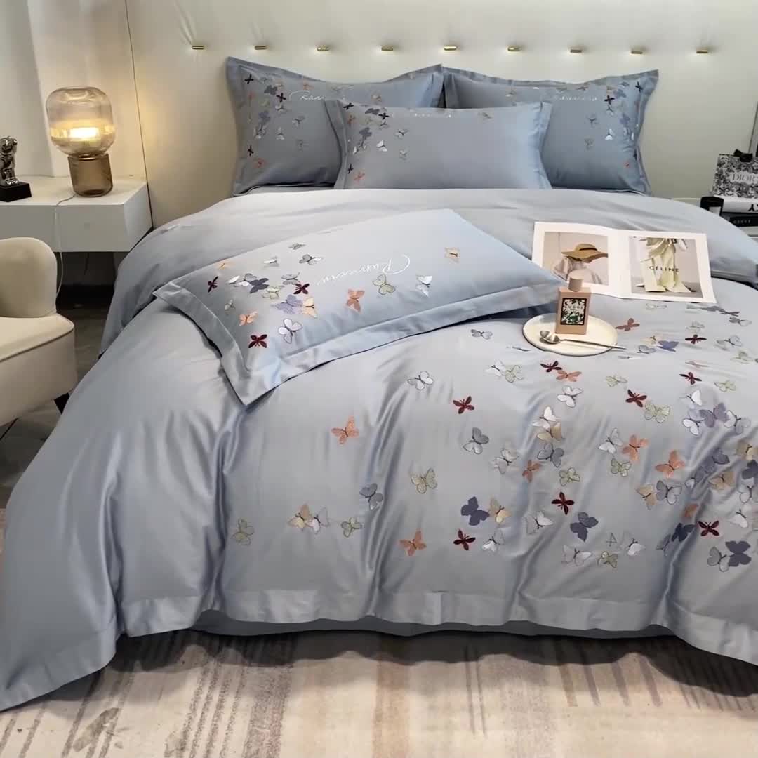 91家纺网 家纺一手货源 找家纺 理想家 2022新款13372全棉刺绣四件套-蝴蝶 蓝色