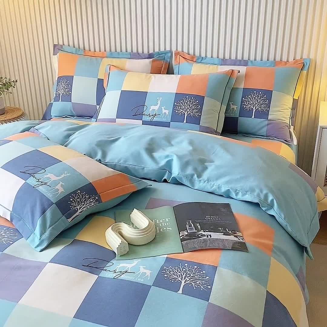 91家纺网 家纺一手货源 找家纺 杜先生新款全棉加厚喷气活性磨毛系列单枕套一对鹿角小镇-蓝