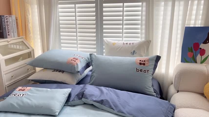 91家纺网 家纺一手货源 找家纺 总星野 2022新款啵啵熊系列100支澳棉贴布绣绣花四件套