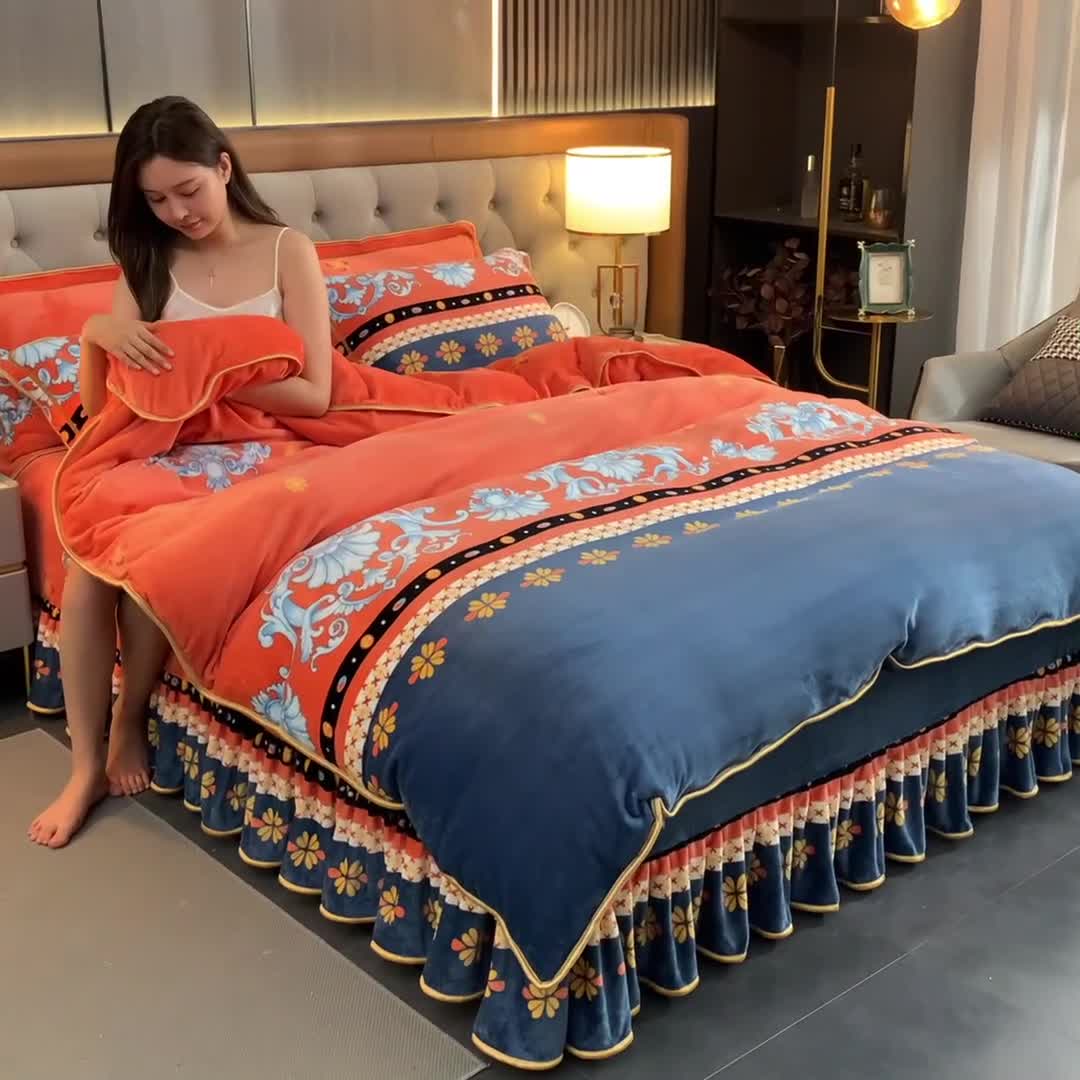 91家纺网 家纺一手货源 找家纺 馨梦缘2025直播爆款8.5斤牛奶绒四件套加厚保暖床裙金貂绒 北欧之恋