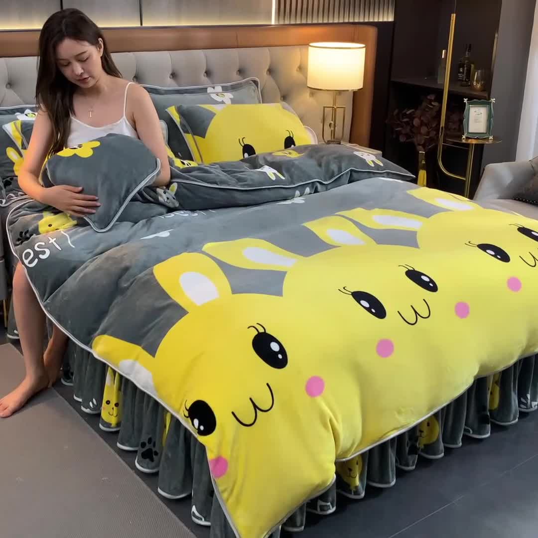 91家纺网 家纺一手货源 找家纺 馨梦缘2025直播爆款8.5斤牛奶绒四件套加厚保暖床裙 可爱兔