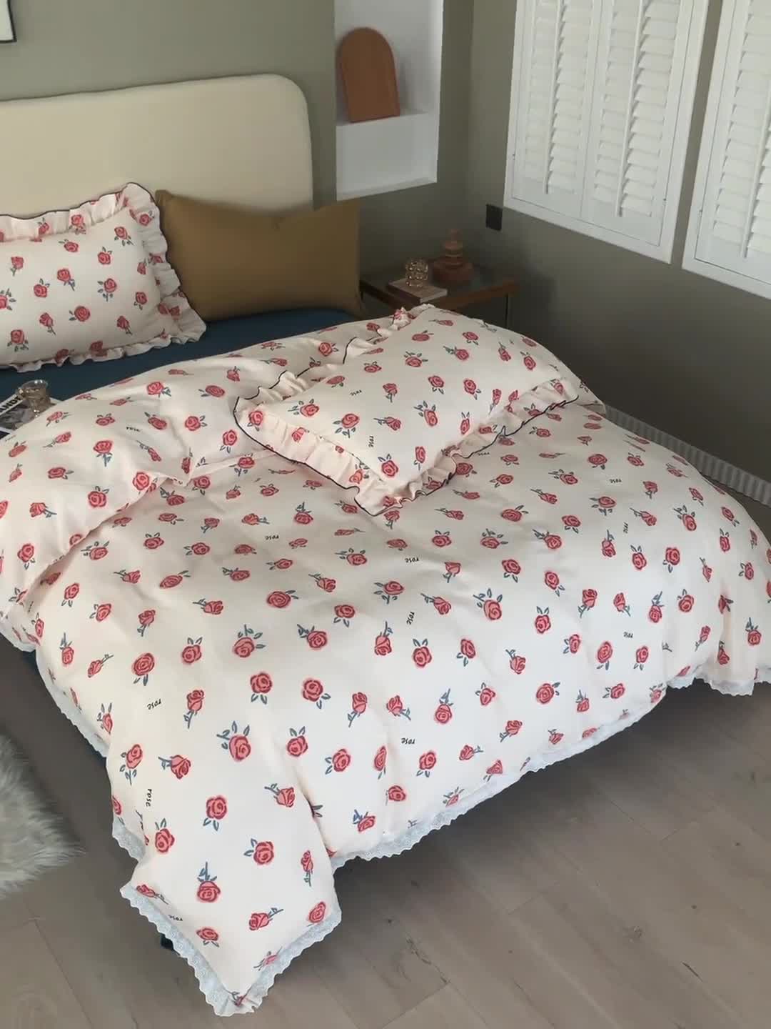 91家纺网 家纺一手货源 找家纺 怡家居 2022新款全棉A类双层纱韩版四件套 玫瑰花园