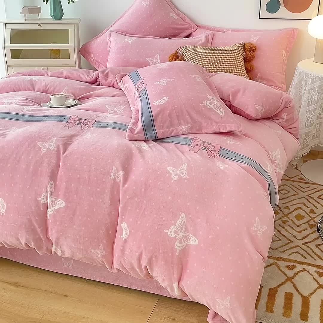 91家纺网 家纺一手货源 找家纺 2024新230克牛奶绒印花四件套定做定制任意尺寸 蝴蝶依依