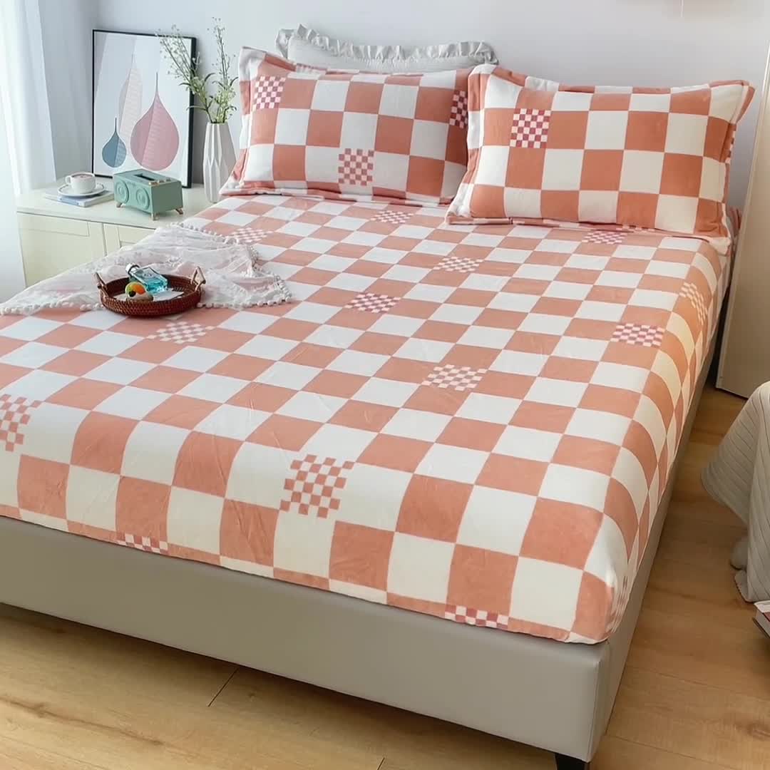 91家纺网 家纺一手货源 找家纺 2024新款230克牛奶绒印花单品床笠可定做任意尺寸格调-橙