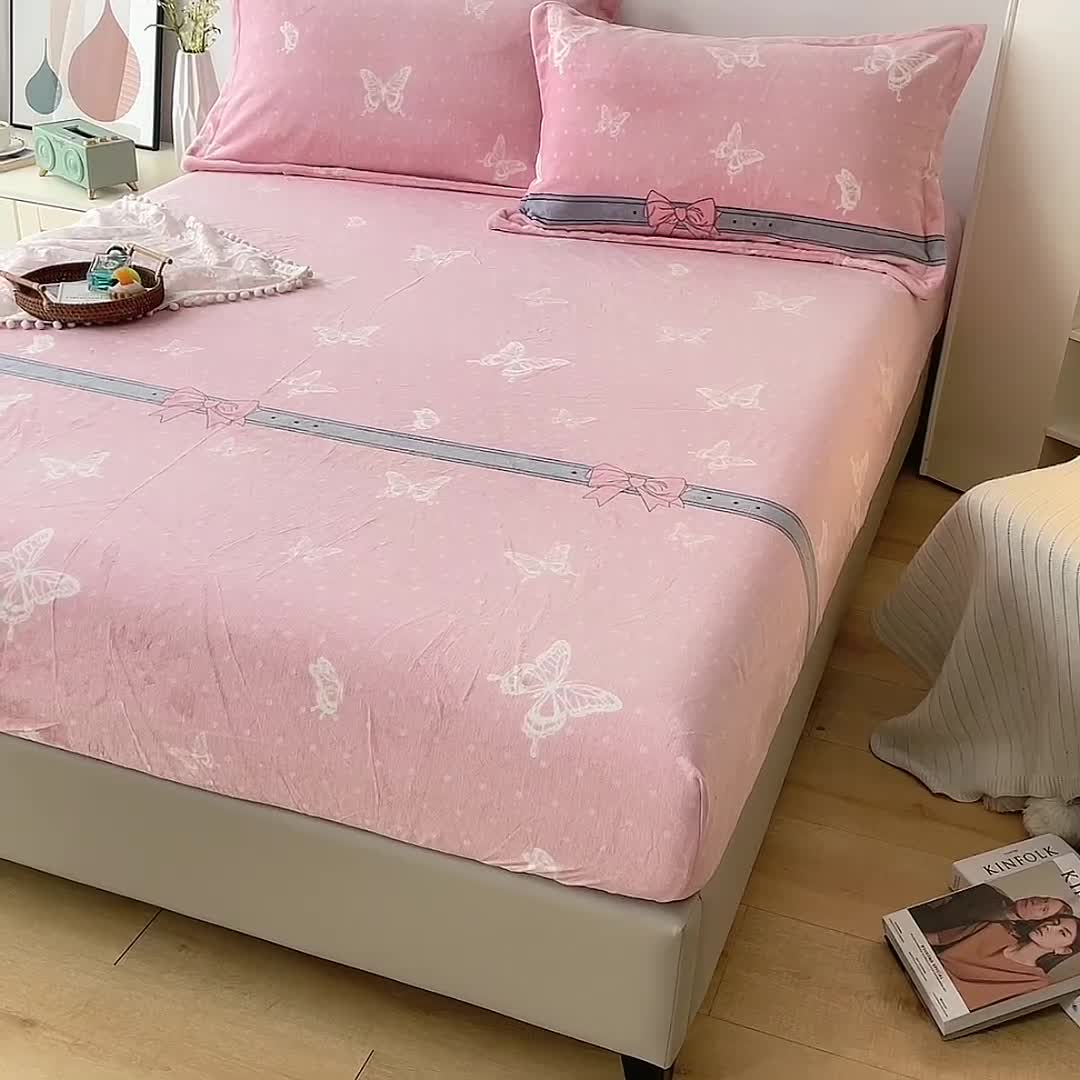 91家纺网 家纺一手货源 找家纺 2024新款230克牛奶绒印花单品床笠可定做任意尺寸蝴蝶依依