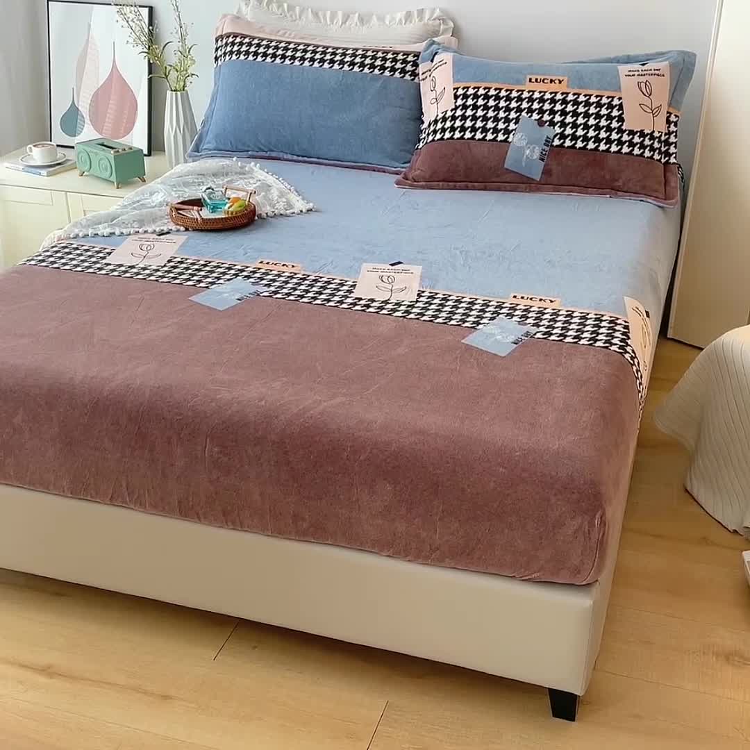 91家纺网 家纺一手货源 找家纺 2024新款230克牛奶绒印花单品床笠 可定做任意尺寸 简爱