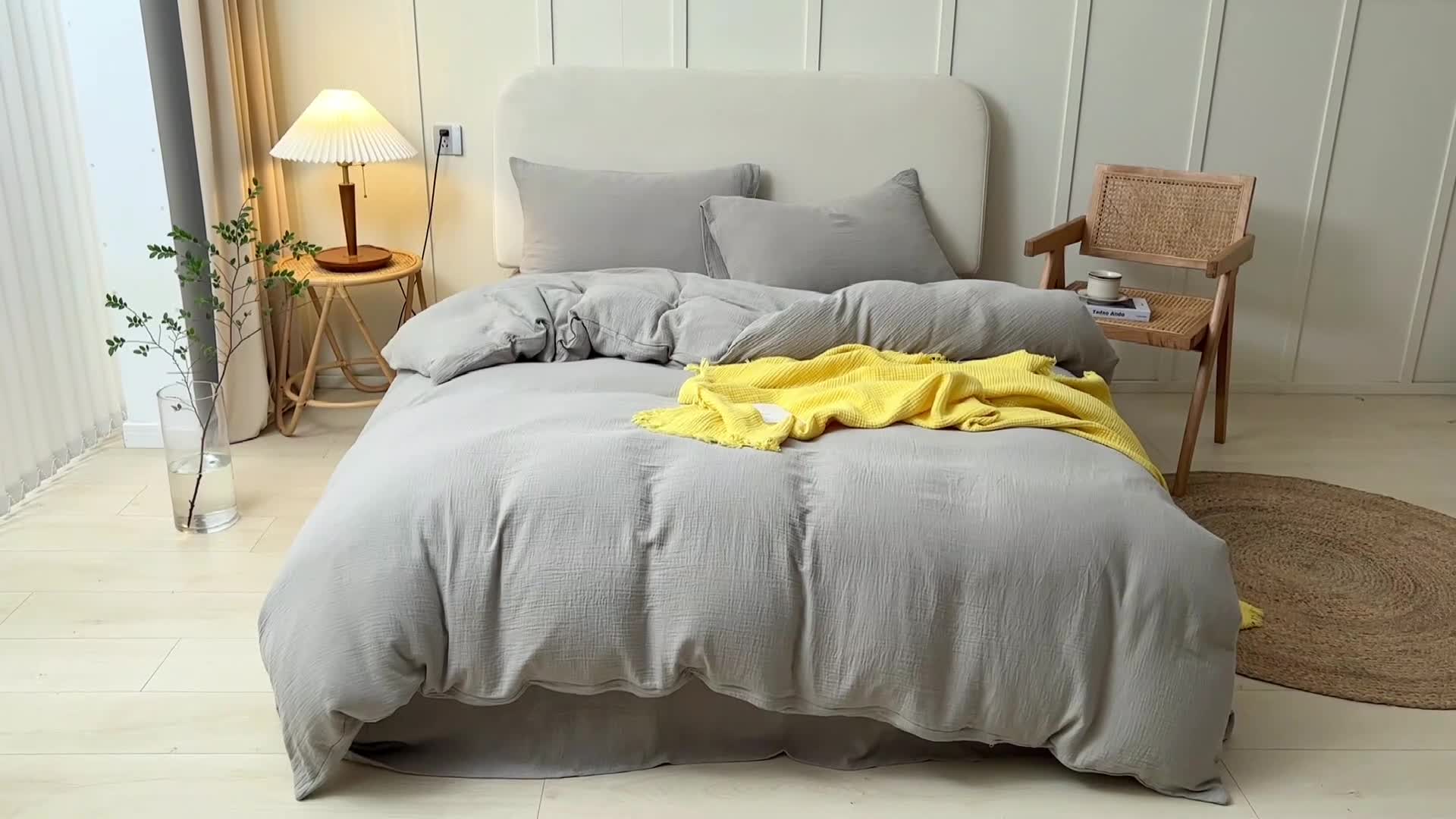 91家纺网 家纺一手货源 找家纺 淑女公社 2022四季新款双层纱皱皱纱肌理纹四件套 日暮灰