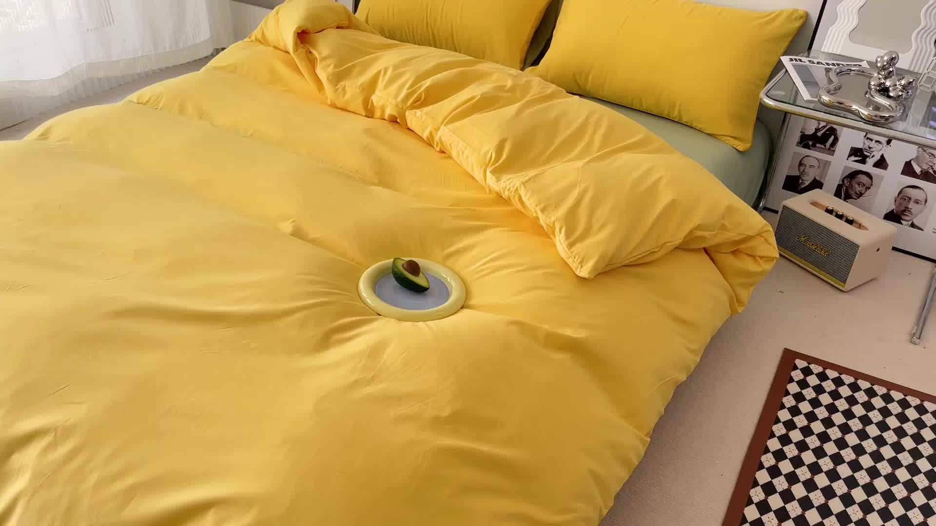 91家纺网 家纺一手货源 找家纺 蓝淋家纺 2022新款纯色双拼四件套 奶黄绿