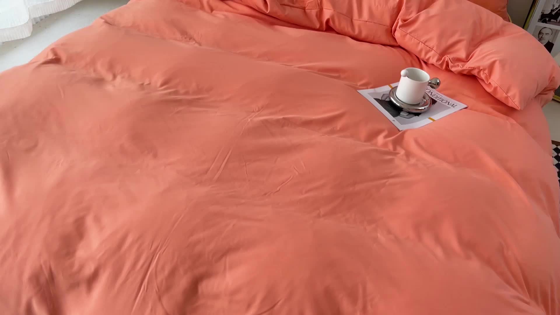 91家纺网 家纺一手货源 找家纺 蓝淋家纺 2022新款纯色双拼四件套 杏子黄