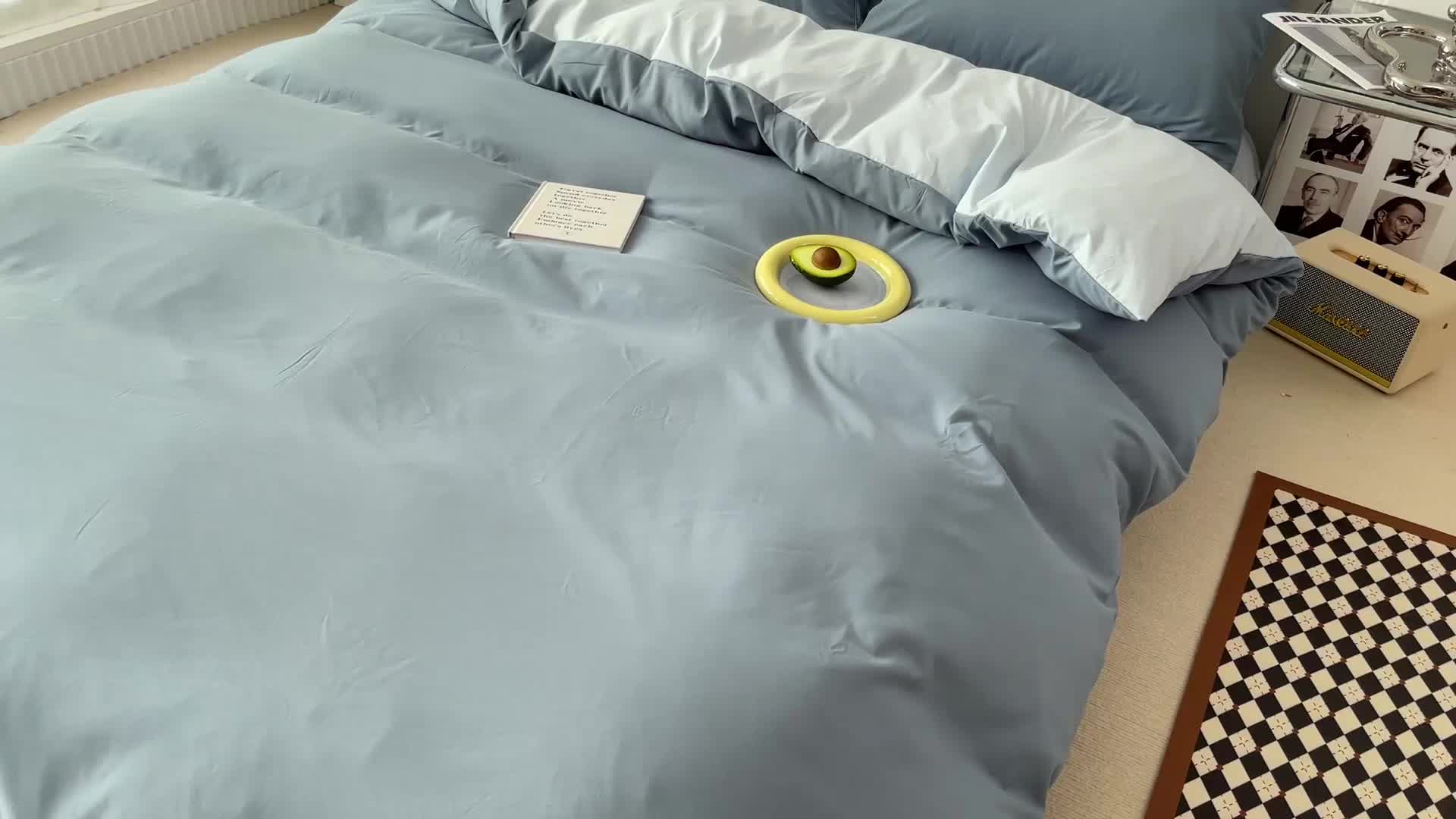 91家纺网 家纺一手货源 找家纺 蓝淋家纺 2022新款纯色双拼四件套 月光雾蓝