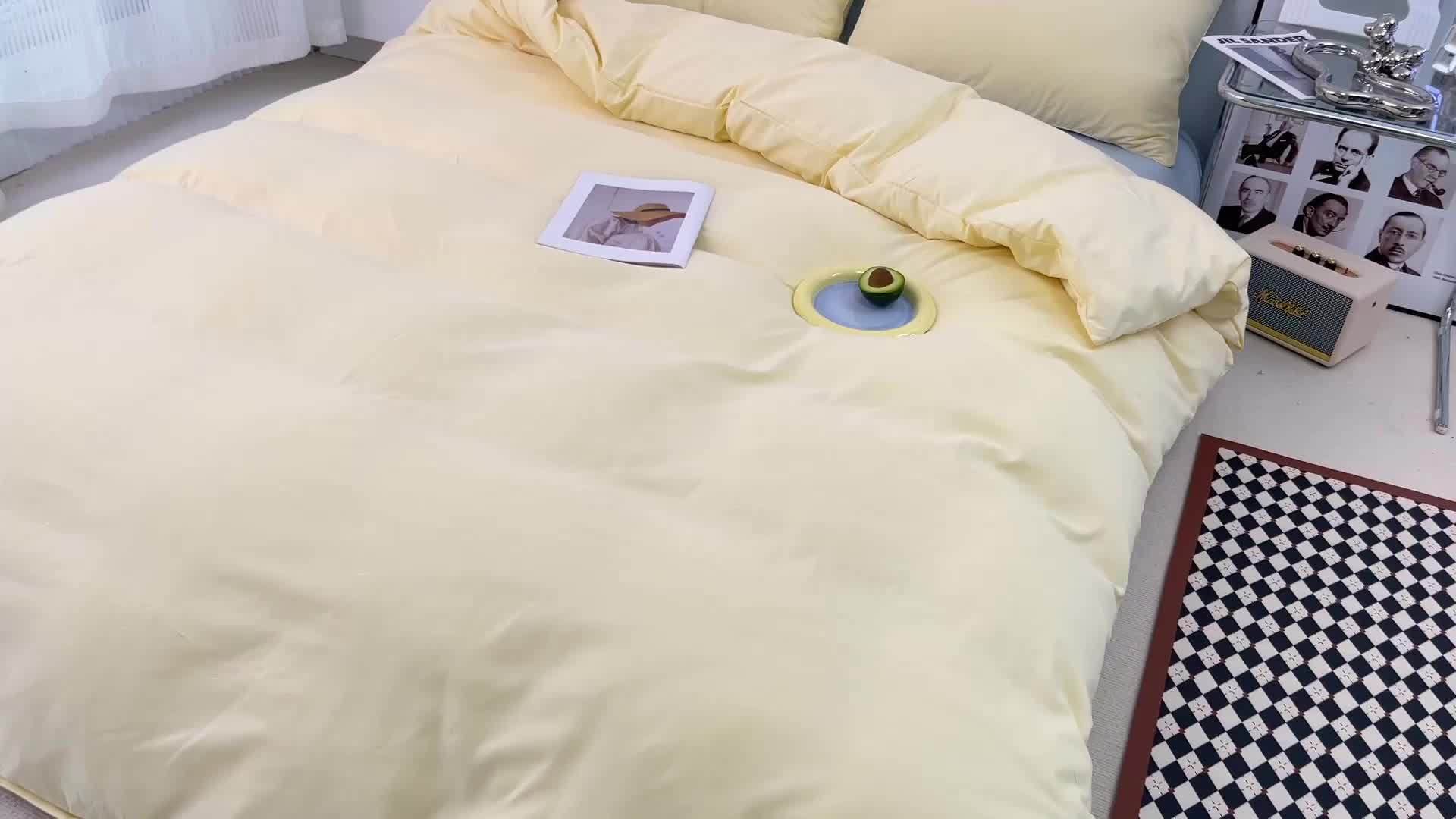 91家纺网 家纺一手货源 找家纺 蓝淋家纺 2022新款纯色双拼四件套 芝士浅蓝