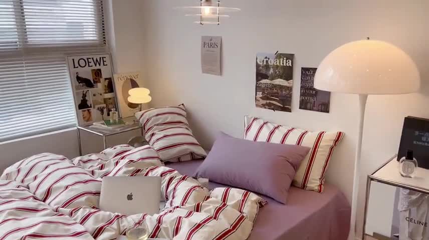 91家纺网 家纺一手货源 找家纺 昔可家纺2022新款韩风简约条纹全棉套件混搭款 混搭红条