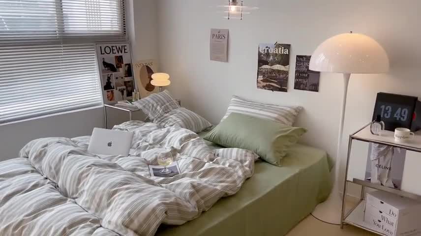 91家纺网 家纺一手货源 找家纺 昔可家纺2022新款韩风简约条纹全棉套件混搭款 混搭绿白条