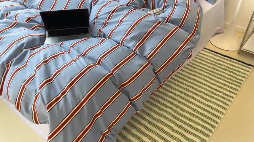 91家纺网 家纺一手货源 找家纺 昔可家纺2022新款韩风简约条纹全棉套件正常款 红蓝条