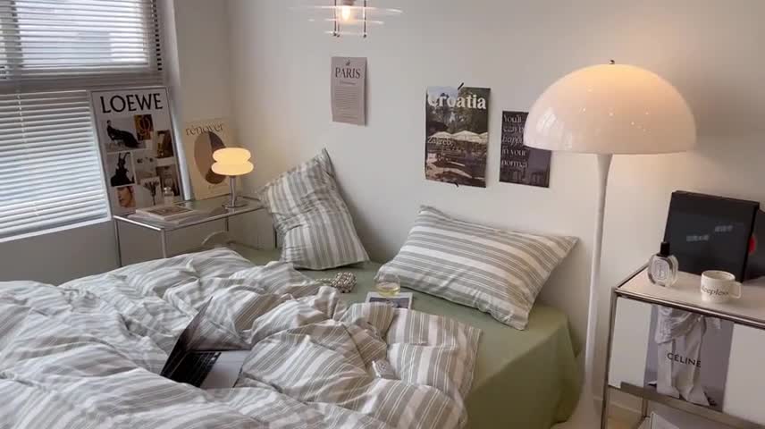 91家纺网 家纺一手货源 找家纺 昔可家纺2022新款韩风简约条纹全棉套件正常款 绿白条