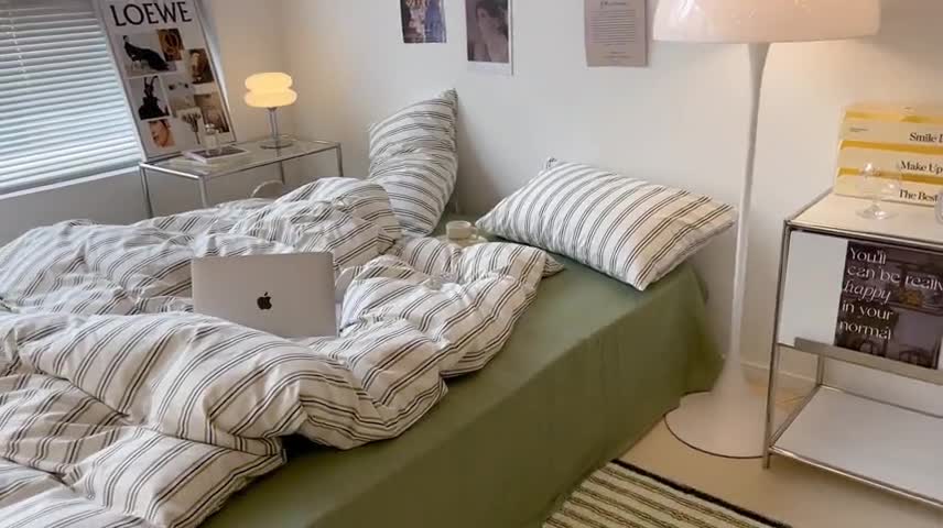 91家纺网 家纺一手货源 找家纺 昔可家纺2022新款韩风简约条纹全棉套件正常款 绿竖条