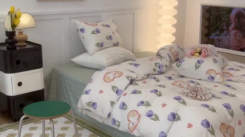 91家纺网 家纺一手货源 找家纺 昔可家纺2022新款奶呼呼卧室四件套 紫色郁金香小兔