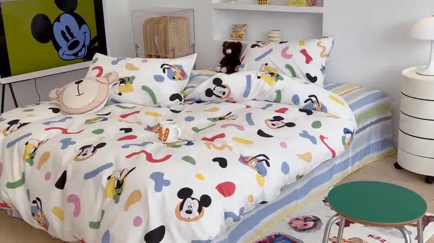 91家纺网 家纺一手货源 找家纺 昔可家纺2022新款迪士尼全棉四件套 彩色斑点米奇