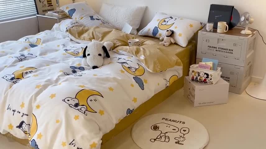 91家纺网 家纺一手货源 找家纺 昔可家纺2022新款正版授权史努比全棉四件套 晚安宝宝