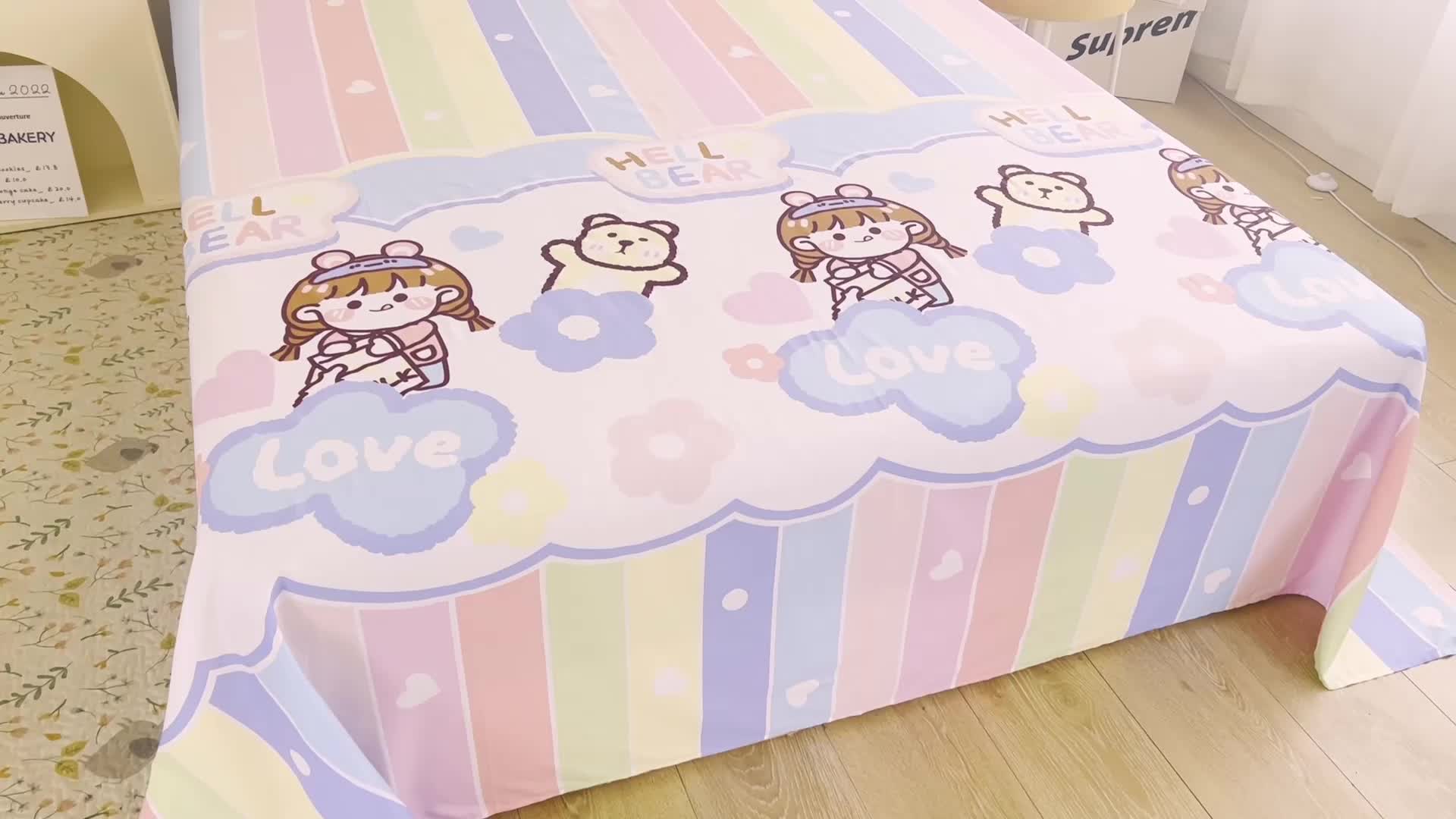 91家纺网 家纺一手货源 找家纺 名兮家居 2022新款全棉印花单件床单及三件套 彩虹女孩