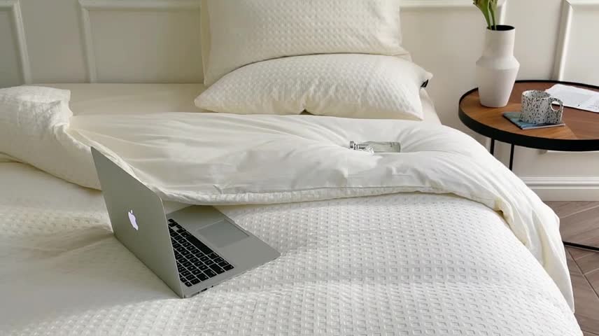 91家纺网 家纺一手货源 找家纺 梦享生活家居 2022新款华夫格四件套 奶昔