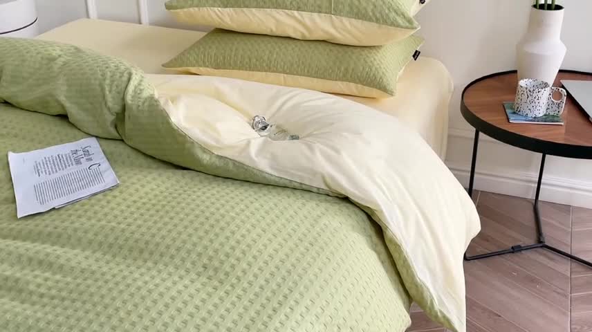 91家纺网 家纺一手货源 找家纺 梦享生活家居 2022新款华夫格四件套 茶绿双拼