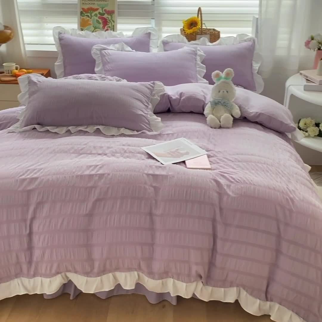 91家纺网 家纺一手货源 找家纺 慕澄家纺 2022新款韩版泡泡纱花边四件套（手机实拍） 优雅紫