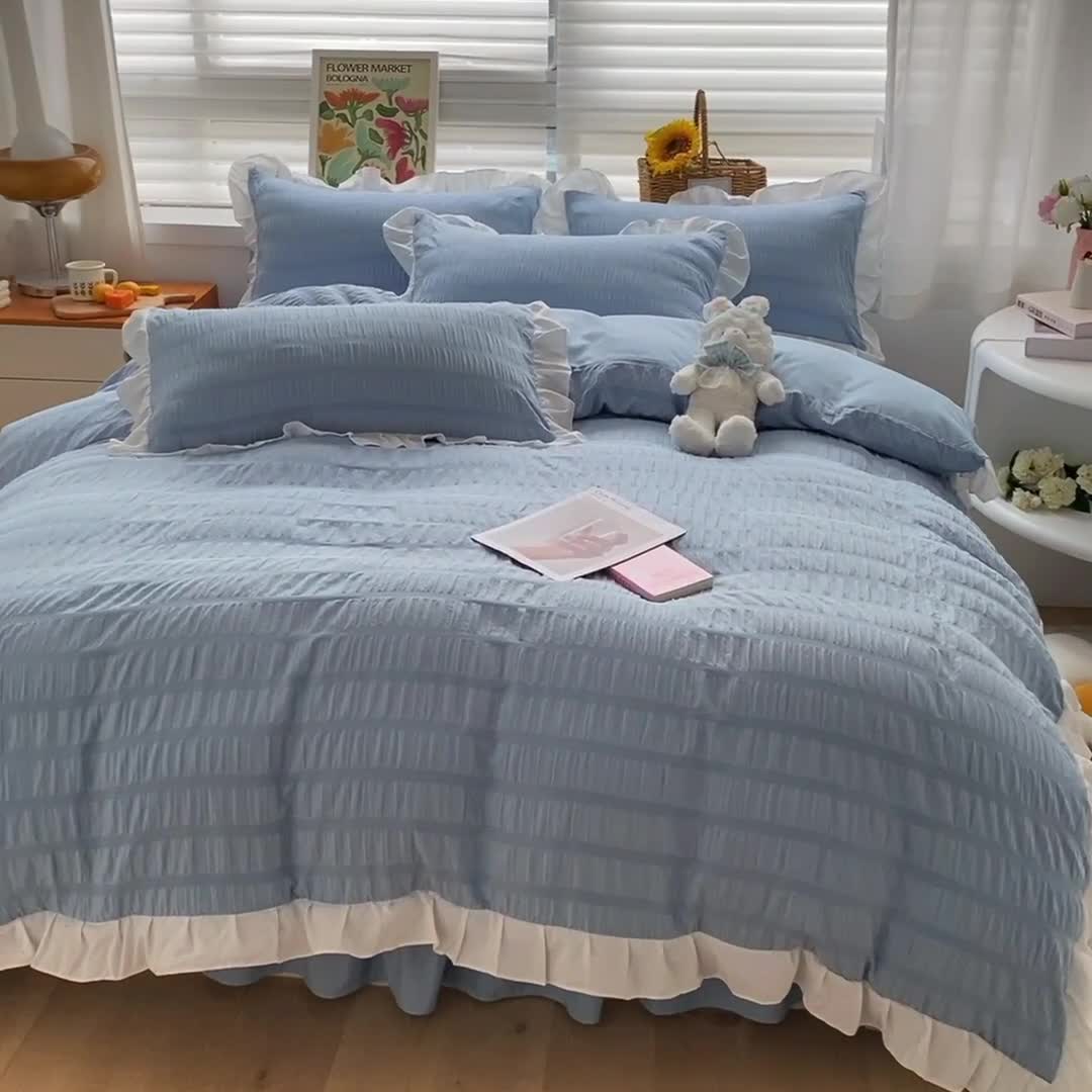 91家纺网 家纺一手货源 找家纺 慕澄家纺 2022新款韩版泡泡纱花边四件套（手机实拍） 宁静蓝