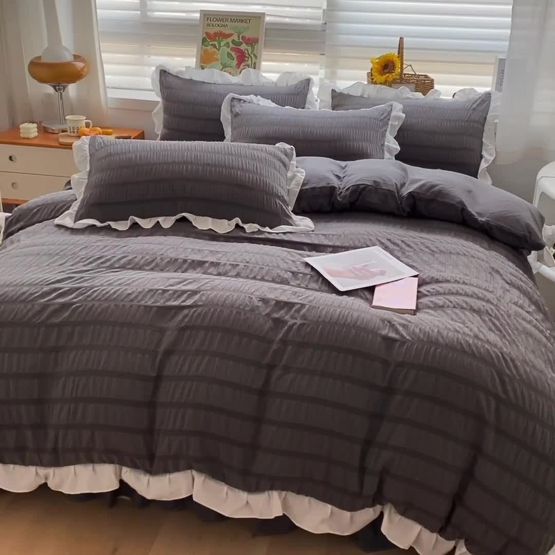 91家纺网 家纺一手货源 找家纺 慕澄家纺 2022新款韩版泡泡纱花边四件套（手机实拍） 极致灰