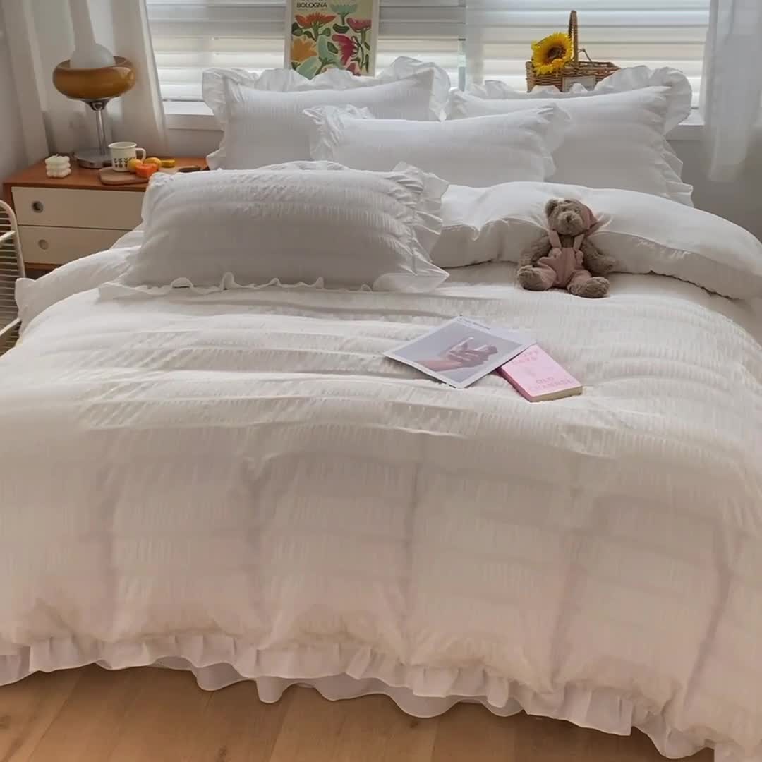 91家纺网 家纺一手货源 找家纺 慕澄家纺 2022新款韩版泡泡纱花边四件套（手机实拍） 梨花白