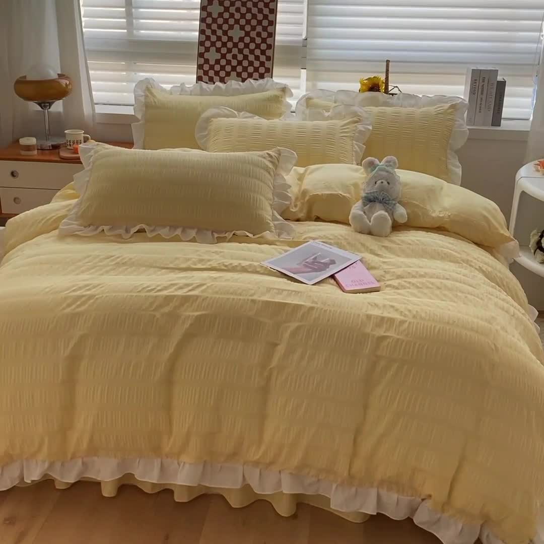 91家纺网 家纺一手货源 找家纺 慕澄家纺 2022新款韩版泡泡纱花边四件套（手机实拍） 奶油黄