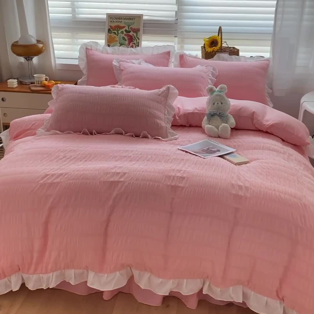 91家纺网 家纺一手货源 找家纺 慕澄家纺 2022新款韩版泡泡纱花边四件套（手机实拍） 公主粉