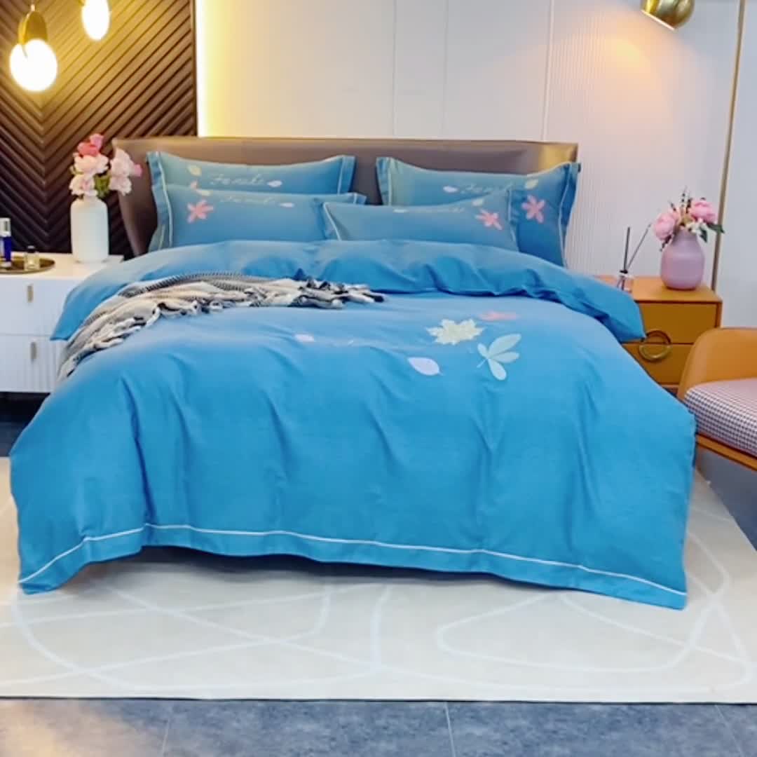 91家纺网 家纺一手货源 找家纺 畅畅家纺 2022新款全棉磨毛绣花四件套 枫叶-孔雀蓝