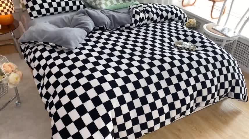 91家纺网 家纺一手货源 找家纺 金爱家 2023新款棋盘格牛奶绒四件套 棋盘格-黑