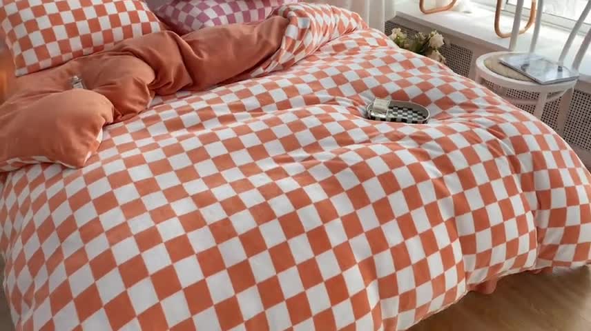 91家纺网 家纺一手货源 找家纺 金爱家 2023新款棋盘格牛奶绒四件套 棋盘格-桔