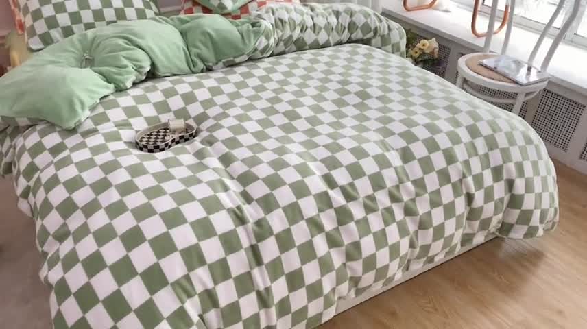 91家纺网 家纺一手货源 找家纺 金爱家 2023新款棋盘格牛奶绒四件套 棋盘格-绿