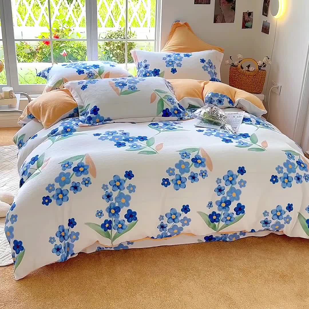 91家纺网 家纺一手货源 找家纺 呗旺鹿 2022年印花小清新加厚保暖牛奶绒四件套直播 爱丽丝