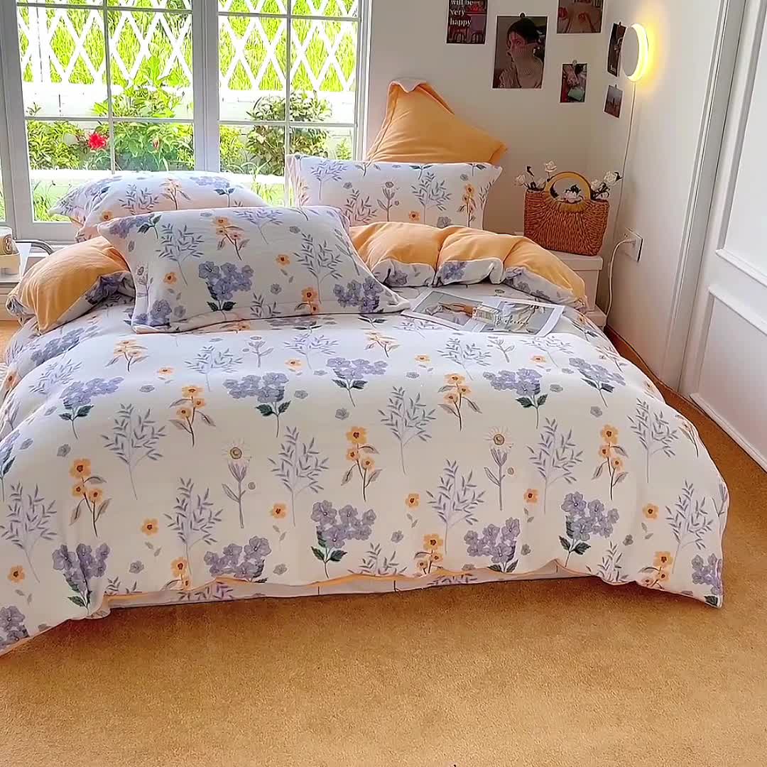 91家纺网 家纺一手货源 找家纺 呗旺鹿 2022印花小清新加厚保暖牛奶绒四件套直播 花影暗香