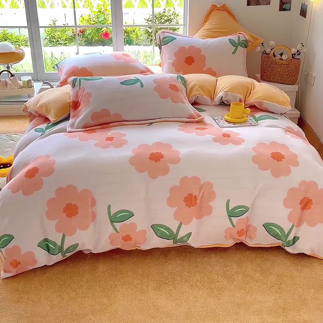 91家纺网 家纺一手货源 找家纺 呗旺鹿 2022年印花小清新加厚保暖牛奶绒四件套直播 花语