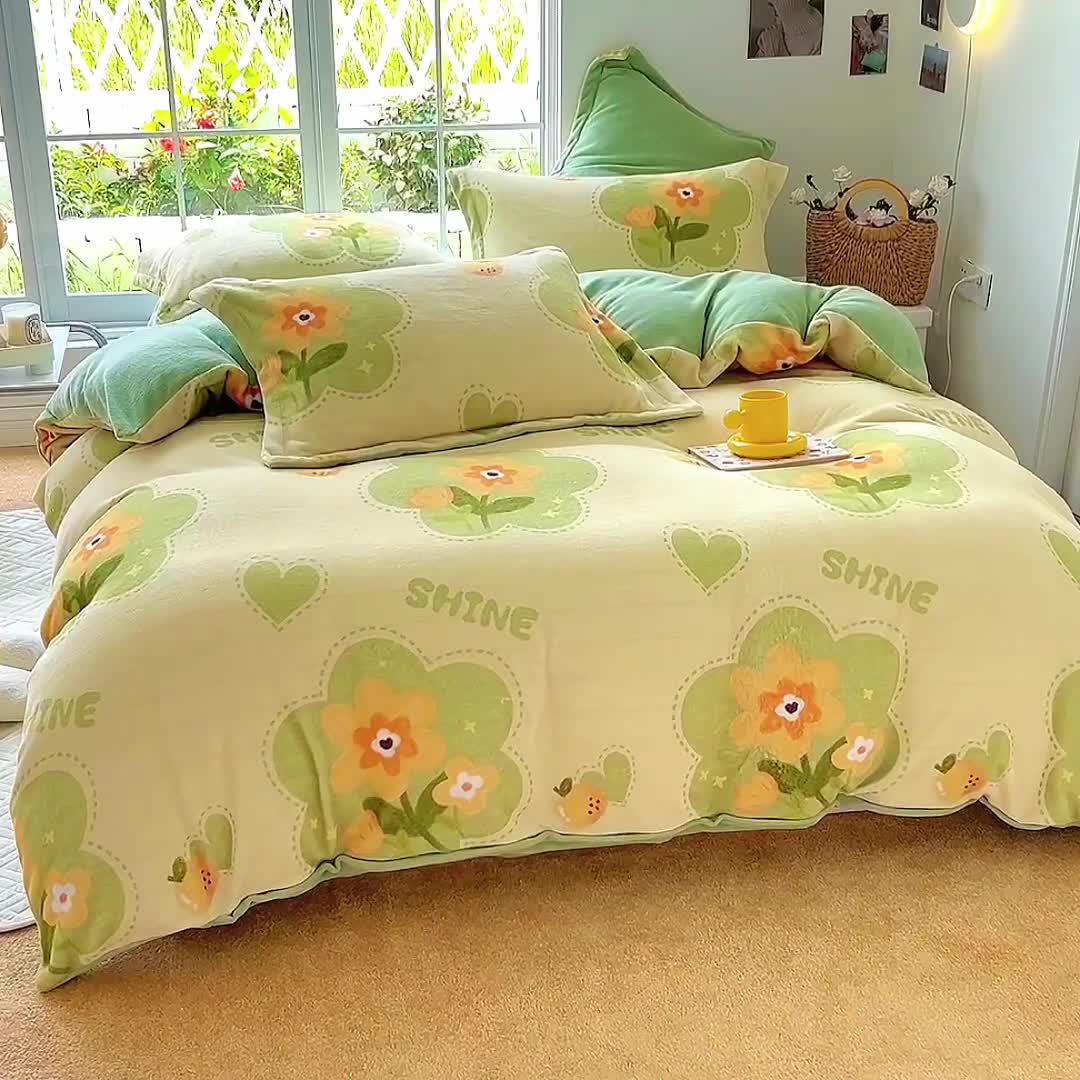 91家纺网 家纺一手货源 找家纺 呗旺鹿 2022年印花小清新加厚保暖牛奶绒四件套直播 绿颜