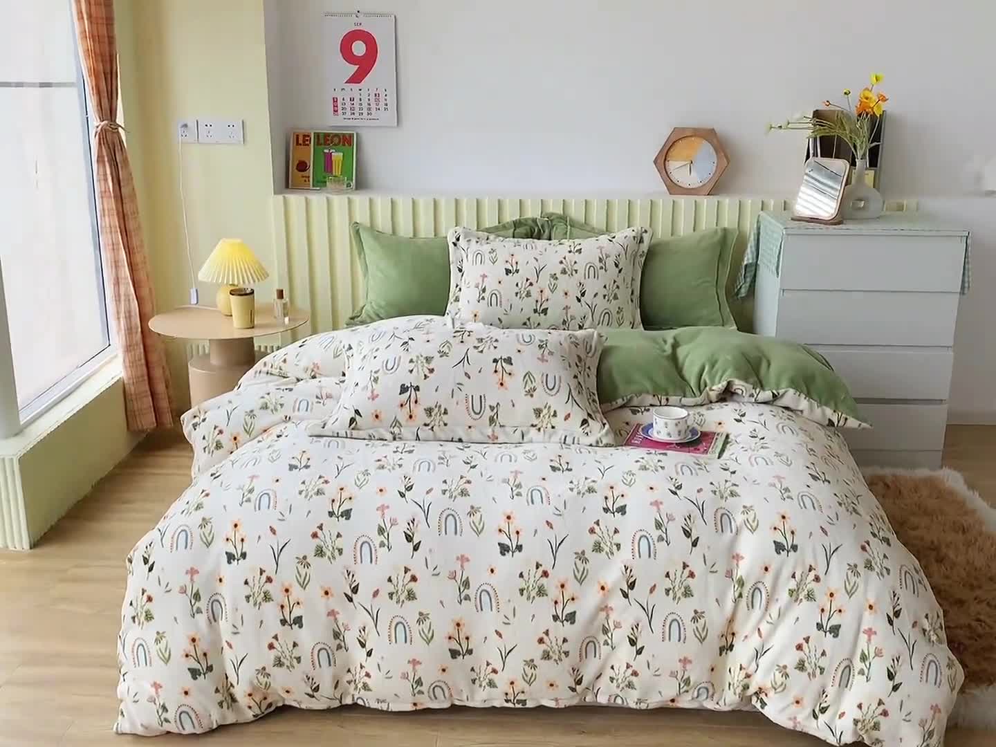 91家纺网 家纺一手货源 找家纺 呗旺鹿 2022年印花小清新加厚保暖牛奶绒四件套直播 百草香